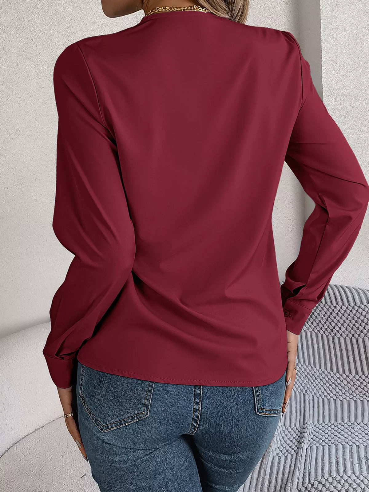 Layered V-Neck Long Sleeve Blouse - Burgundy - View 25