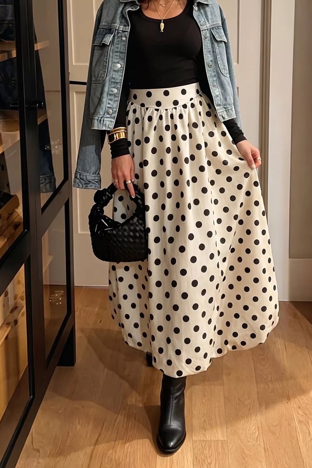 Polka Dot Bubble Hem Midi Skirt - Beige - View 1