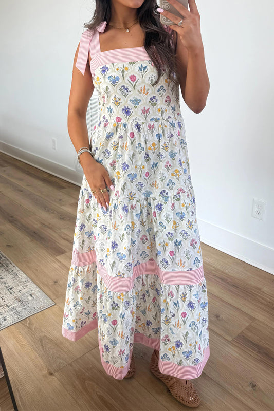Multicolour Floral Print Striped Detail Knot Straps Maxi Dress - Multicolour - 2