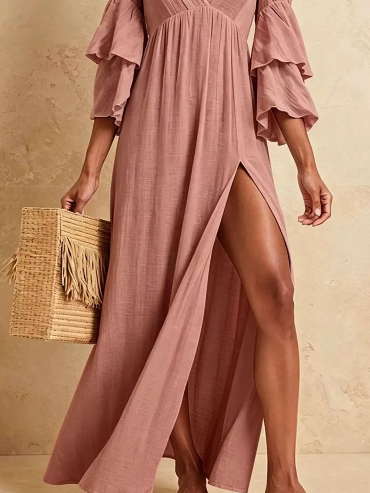 Tiered Ruffle Sleeves High Slit V-Neck Maxi Dress - Dusty Pink - View 1
