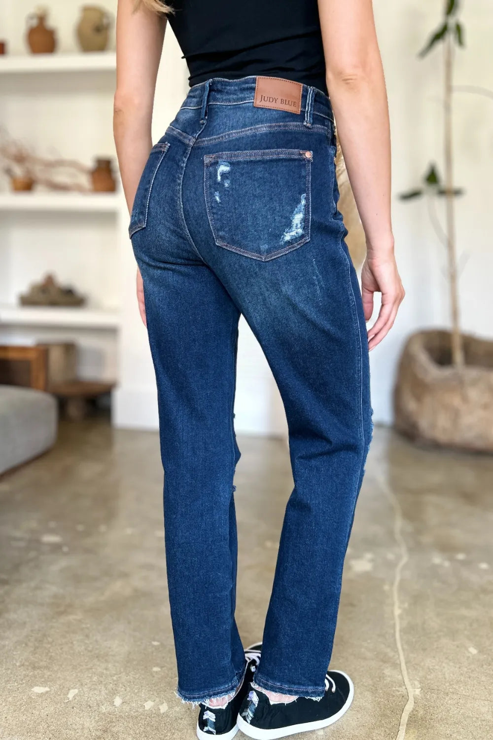 Judy Blue Full Size High Waist Rigid Magic Heavy Destroy Straight Jeans - Dark - View 10