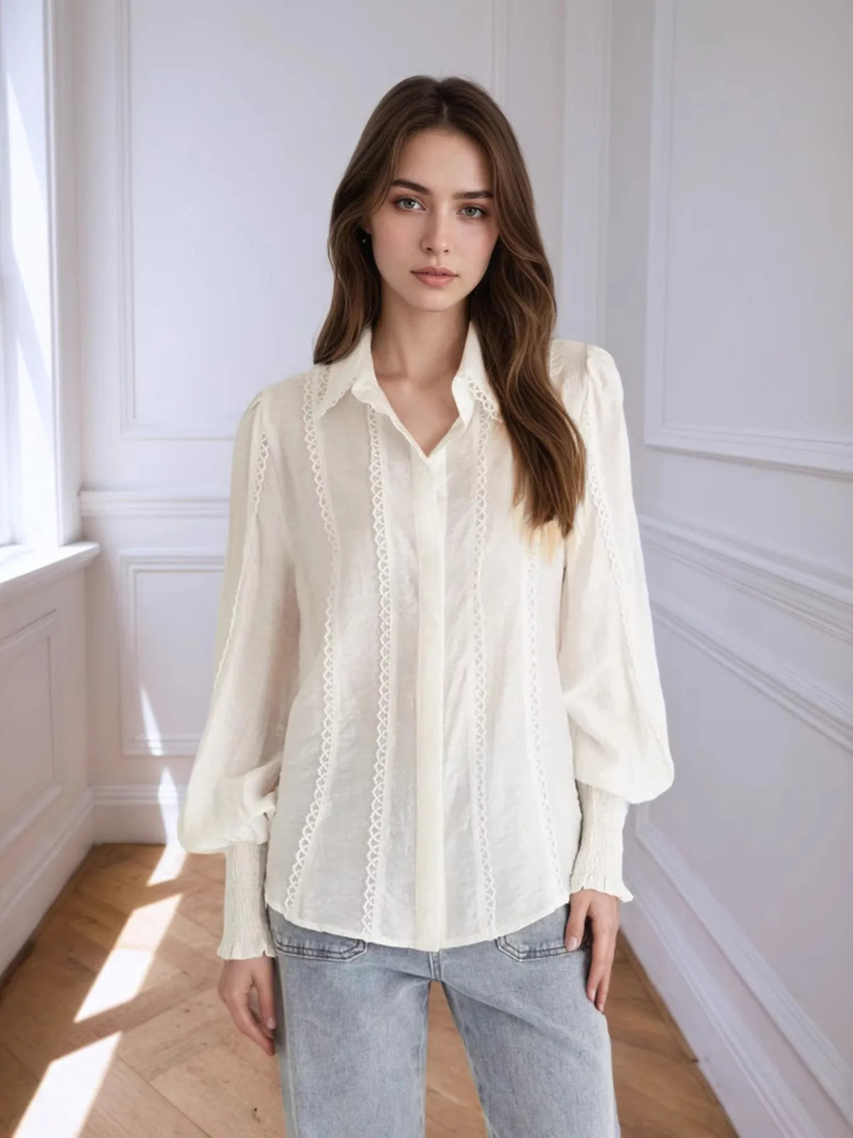 Collared Neck Lantern Sleeve Shirt - White - View 3