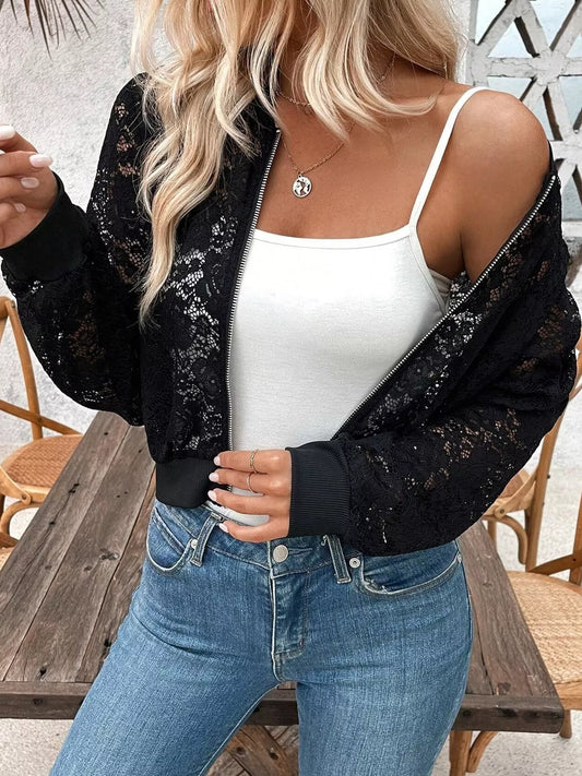 Sheer Lace Zip Up Jacket - Black - View 2
