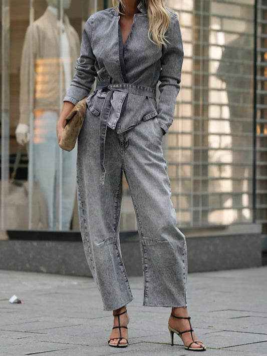 Long Sleeve Top and Wide Leg Jeans Denim Set - product photo 1