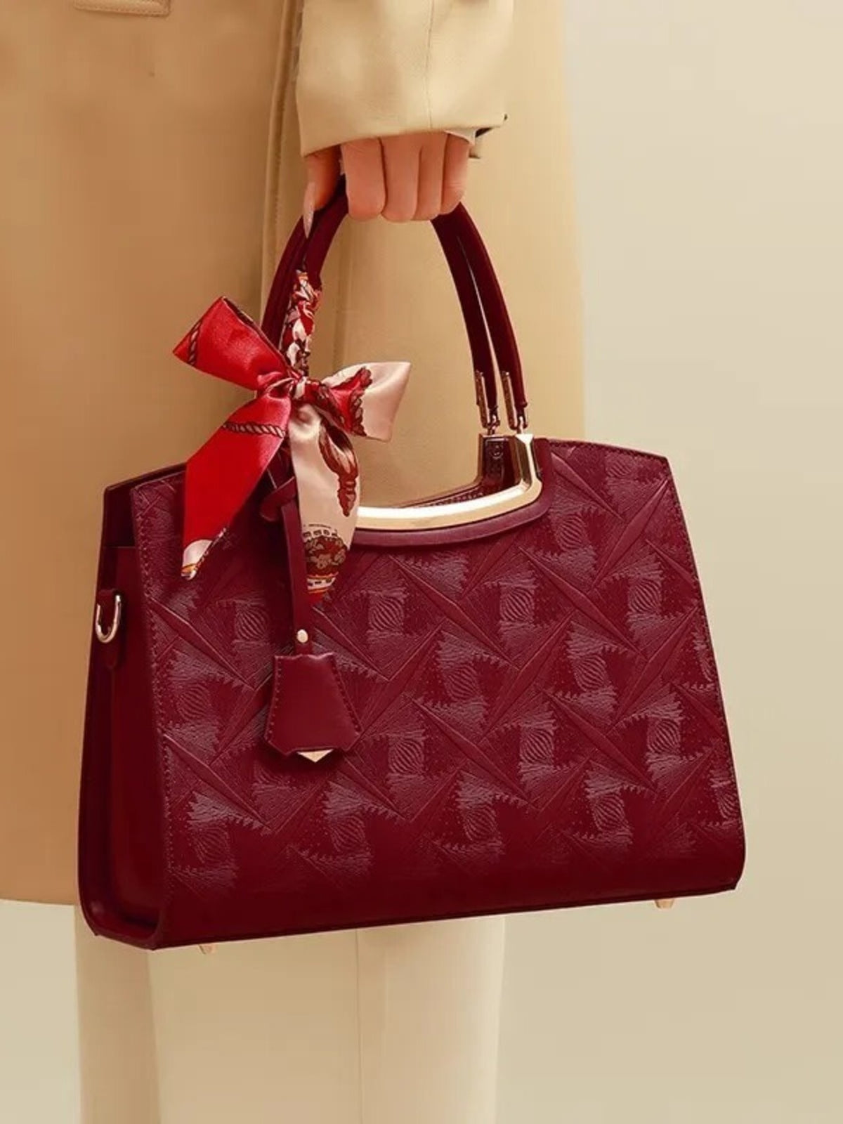 Embossed Leather Top Handle Handbag - Wine Red - View 4