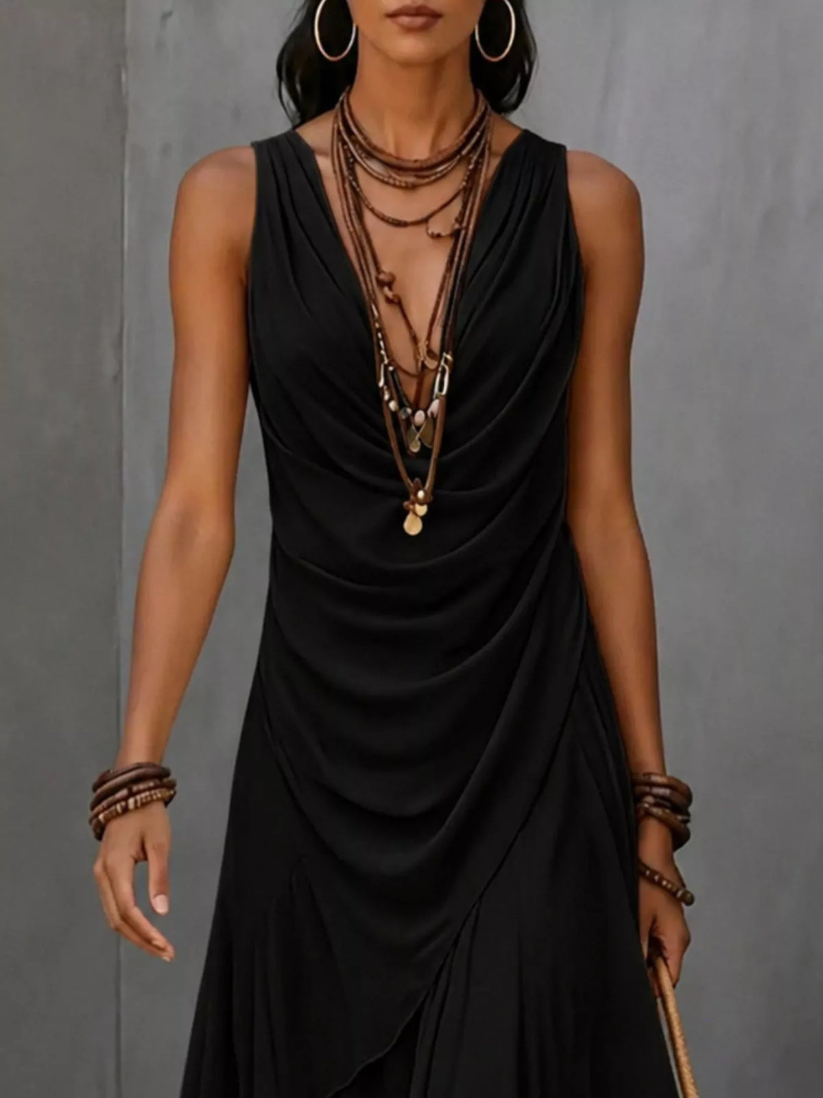 Sleeveless Layered Ruffle Hem Maxi Dress - Black - View 2