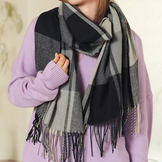 Plaid Fringe Scarf - Black Ink - View 2