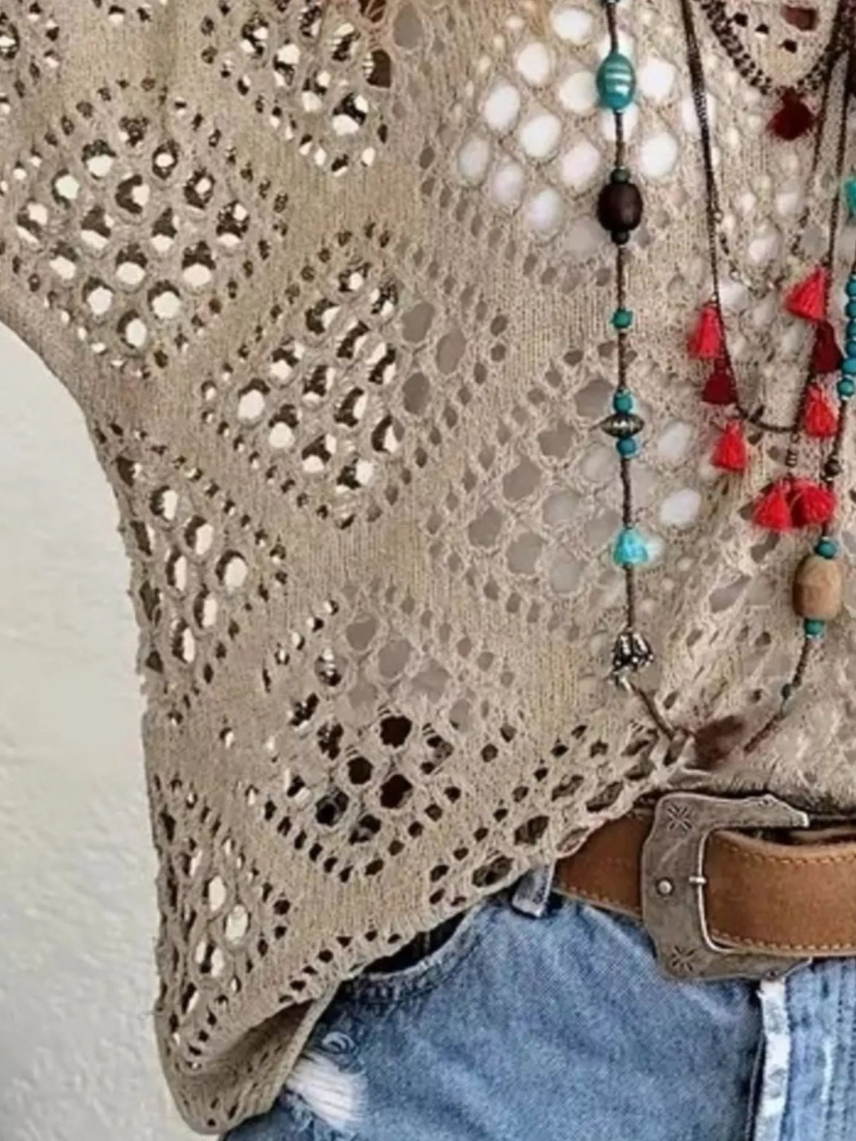 Full Size Hollow Out Crochet Knit Cover Up Plus Size - Mocha - View 2