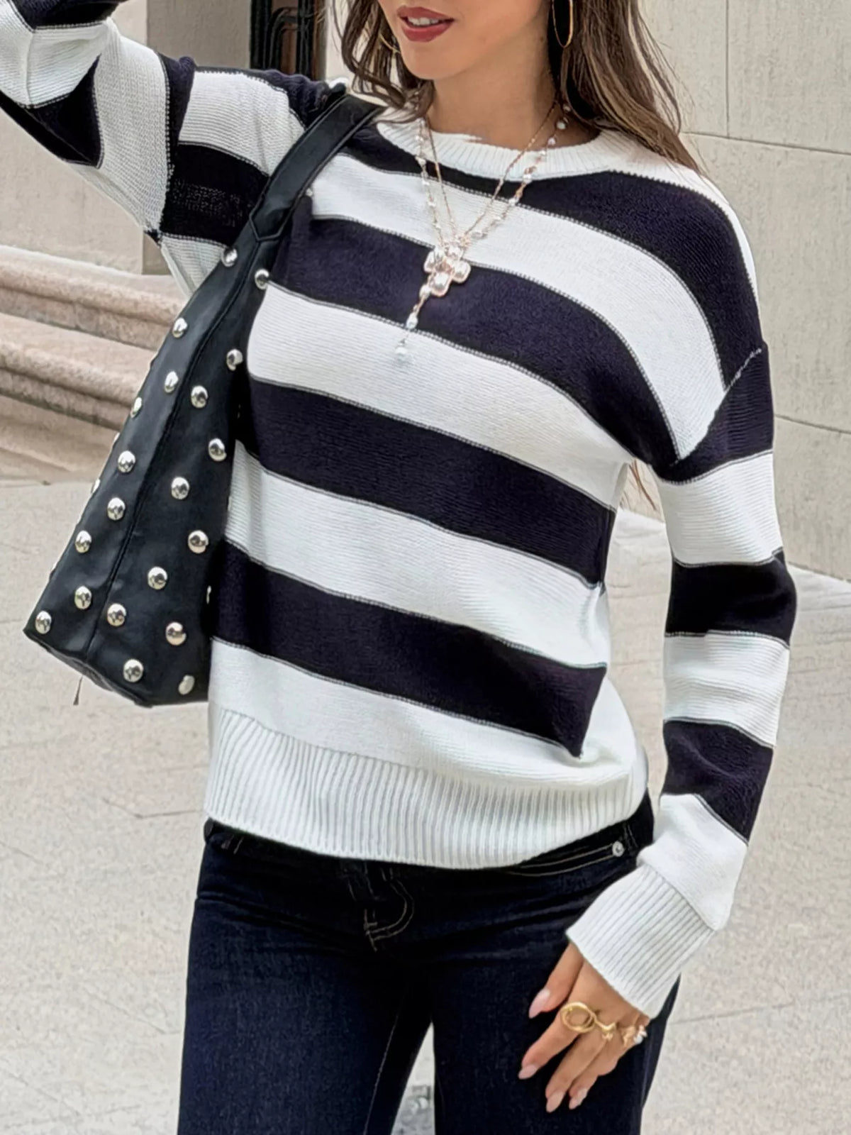 Striped Crew Neck Sweater - Blue - View 3