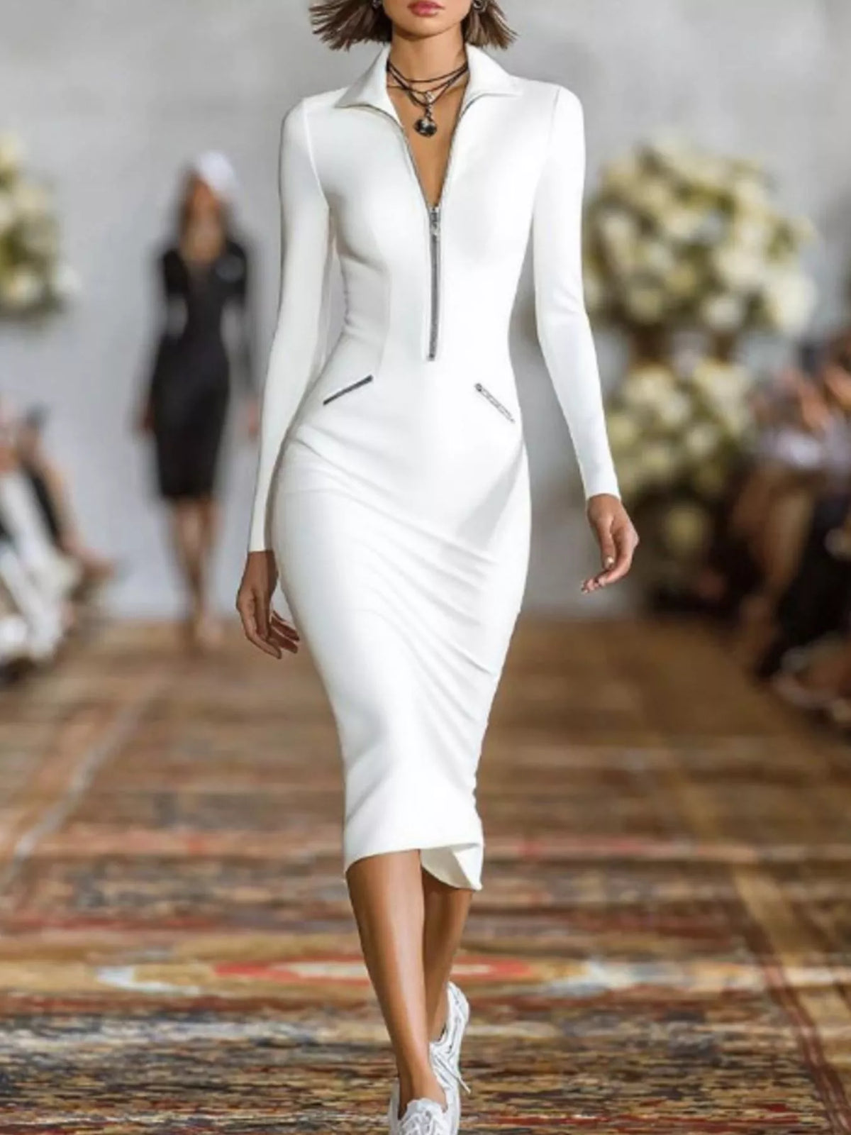 Full Size Zip-Front Bodycon Midi Dress Plus Size - White - View 1