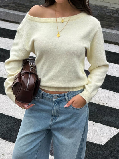 Boat Neck Dropped Shoulder Sweater - Yellow - View 1