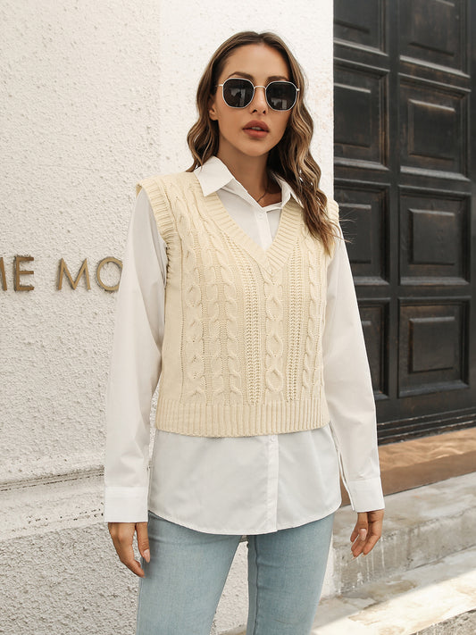 Urban Style V-Neck Sweater Vest - Ivory - View 1