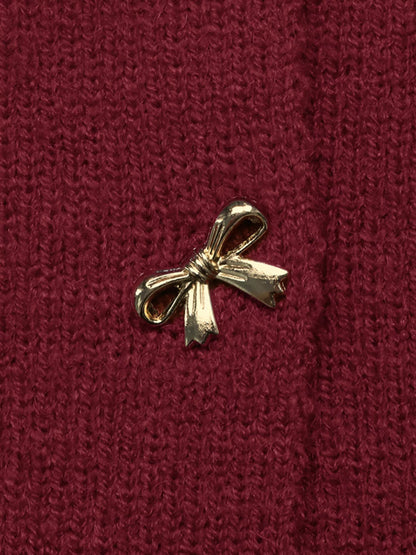 Bow Button Up Knit Cardigan - Burgundy - View 9