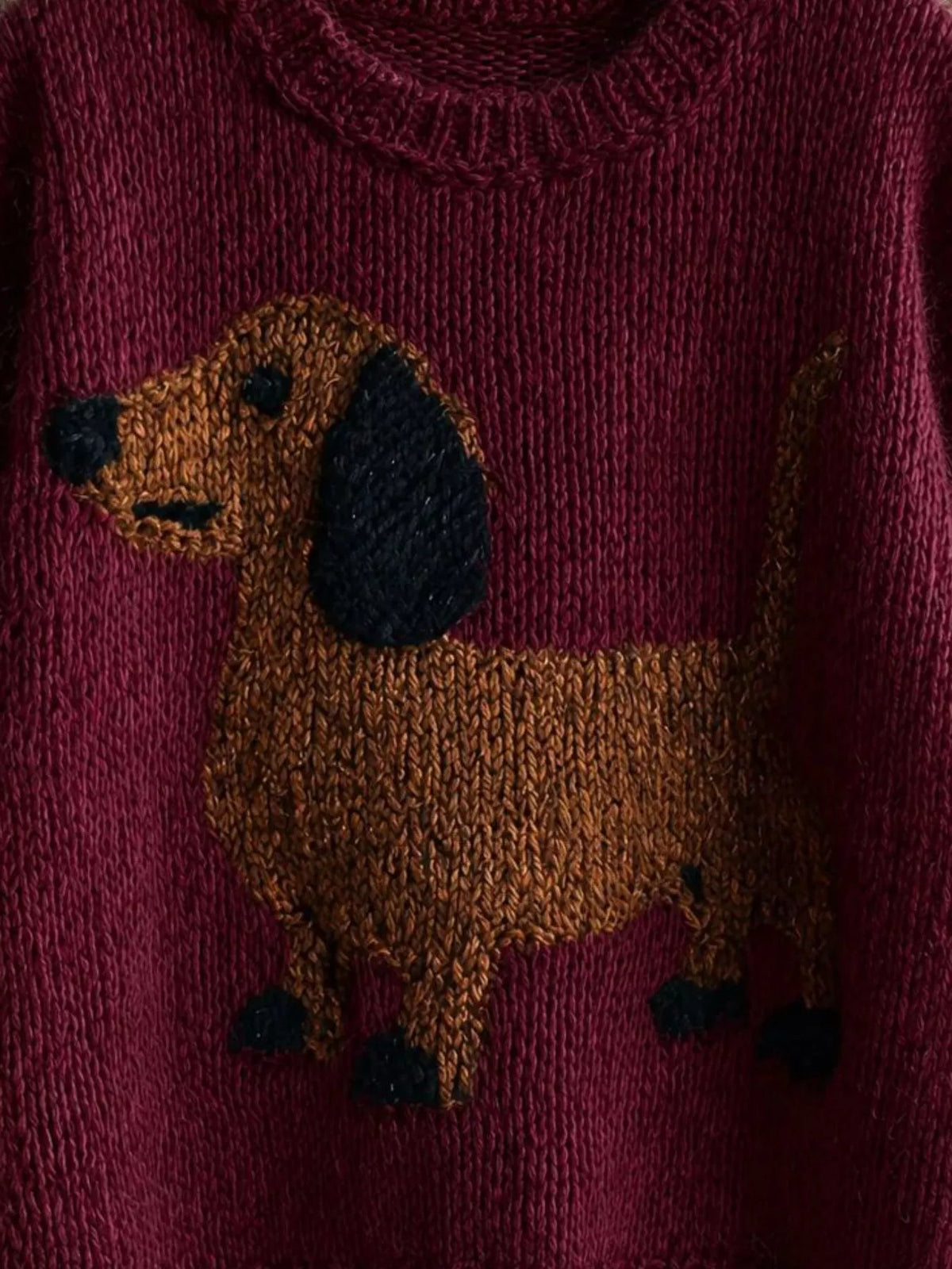 Dachshund Dropped Shoulder Sweater - Burgundy - View 2