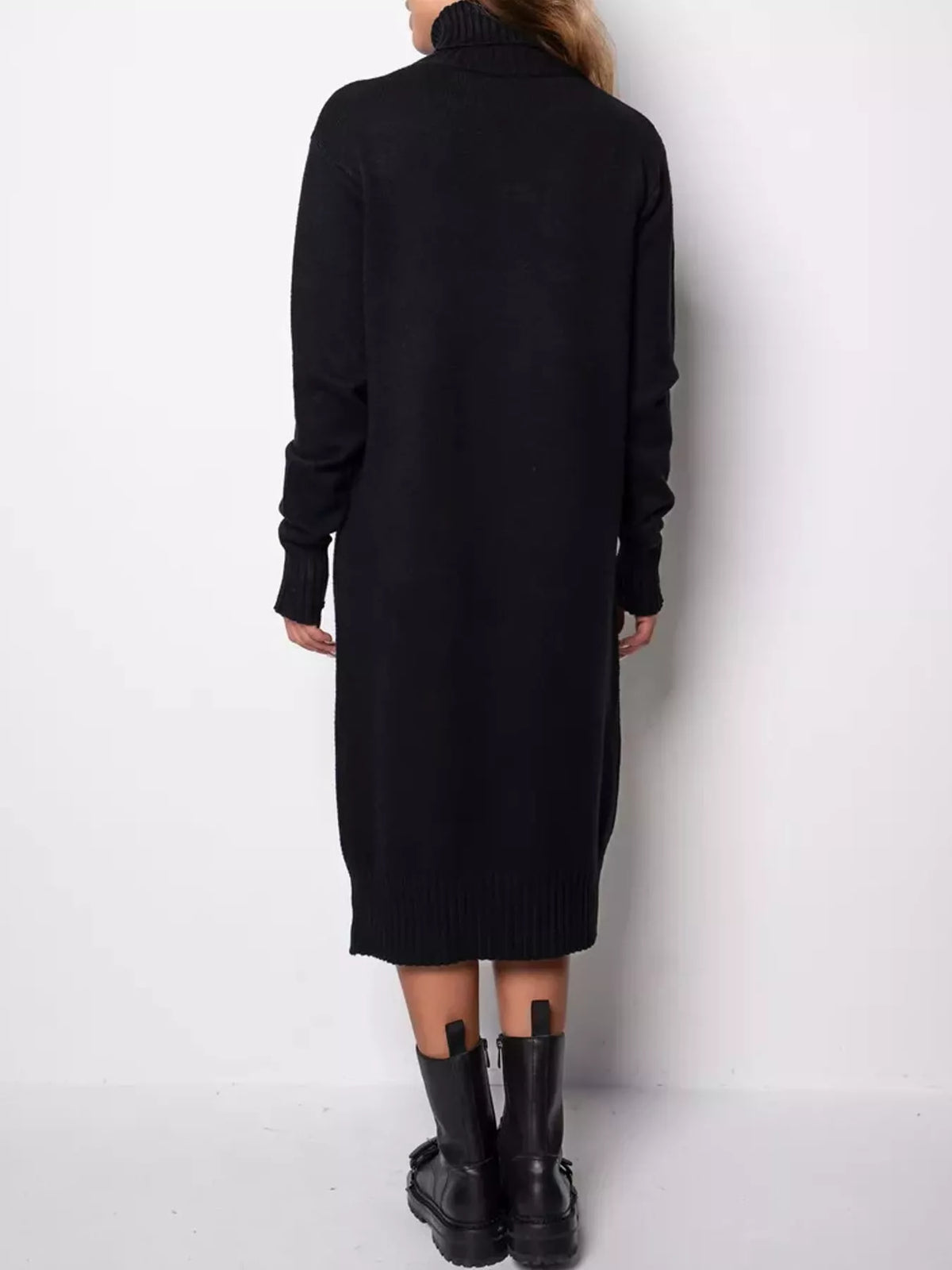 Turtleneck Ribbed Knit Sweater Dress - Black - View 7