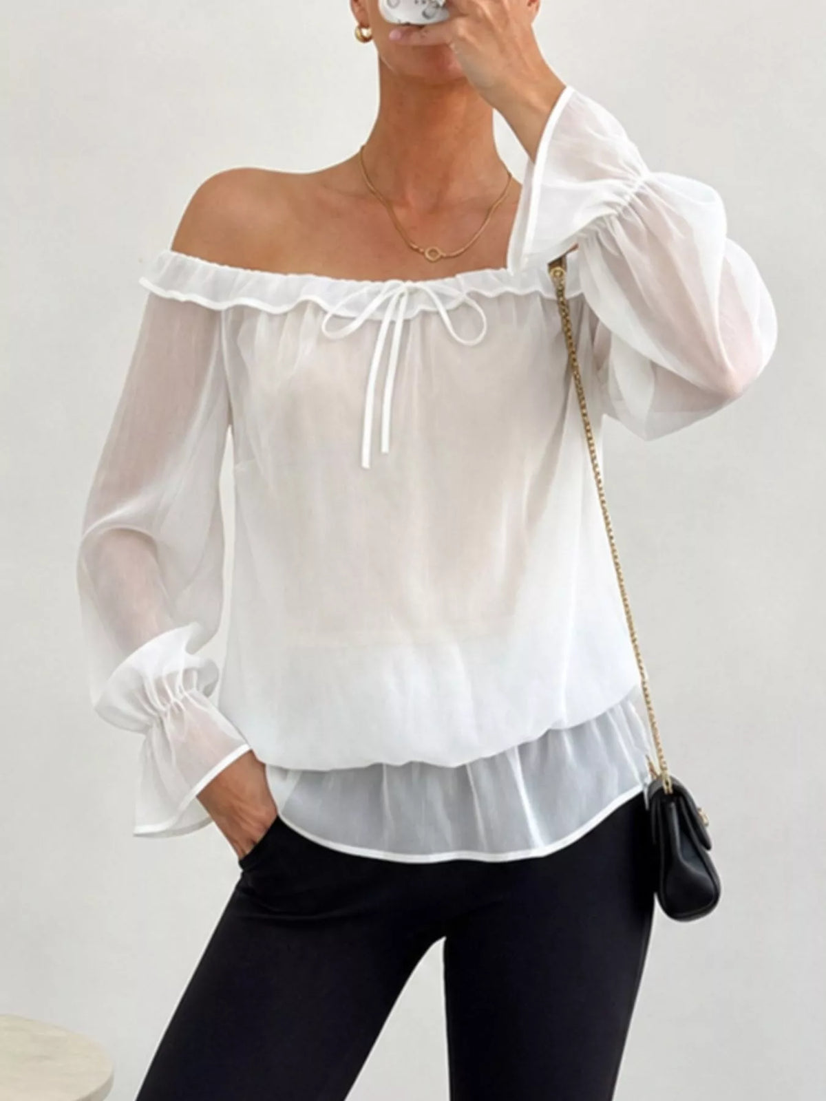 Off-Shoulder Flounce Sleeve Chiffon Blouse - White - View 4