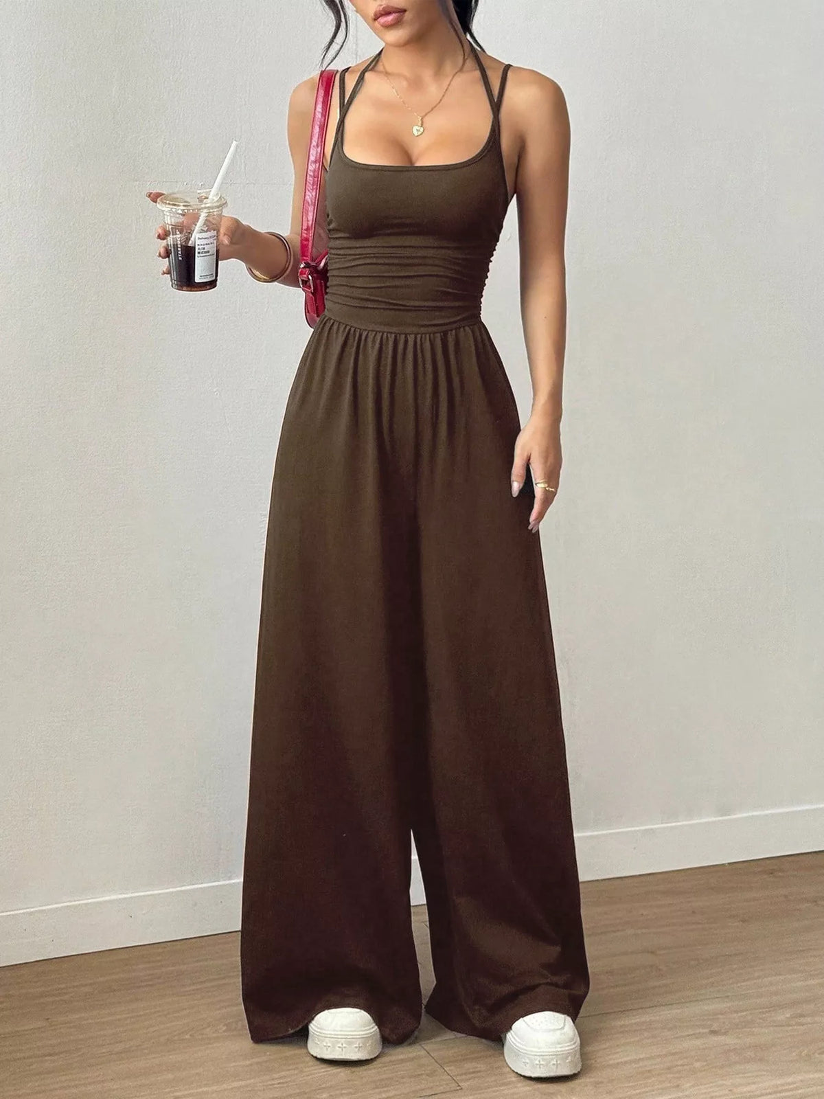 Sleeveless Wide Leg Casual Jumpsuit - Coffee Brown - View 7