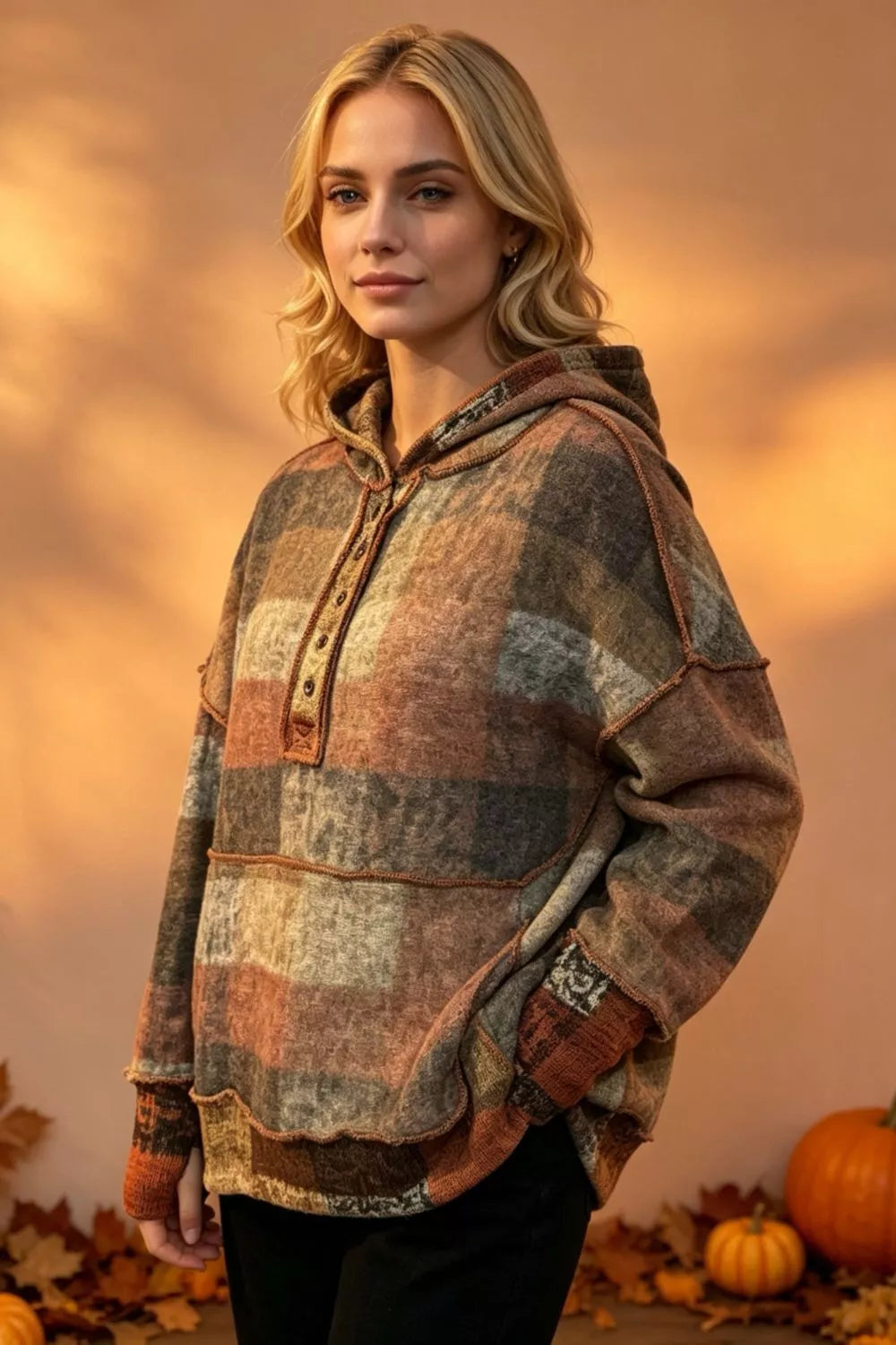 Double Take Full Size Plaid Dropped Shoulder Fleece Hoodie Plus Size - Tangerine - View 2