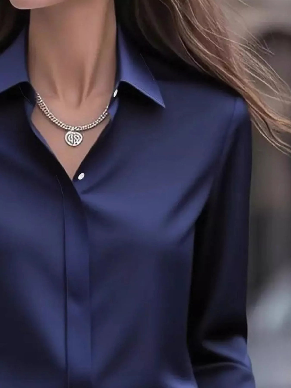 Button Down Collared Neck Long Sleeve Shirt - Dark Blue - View 9