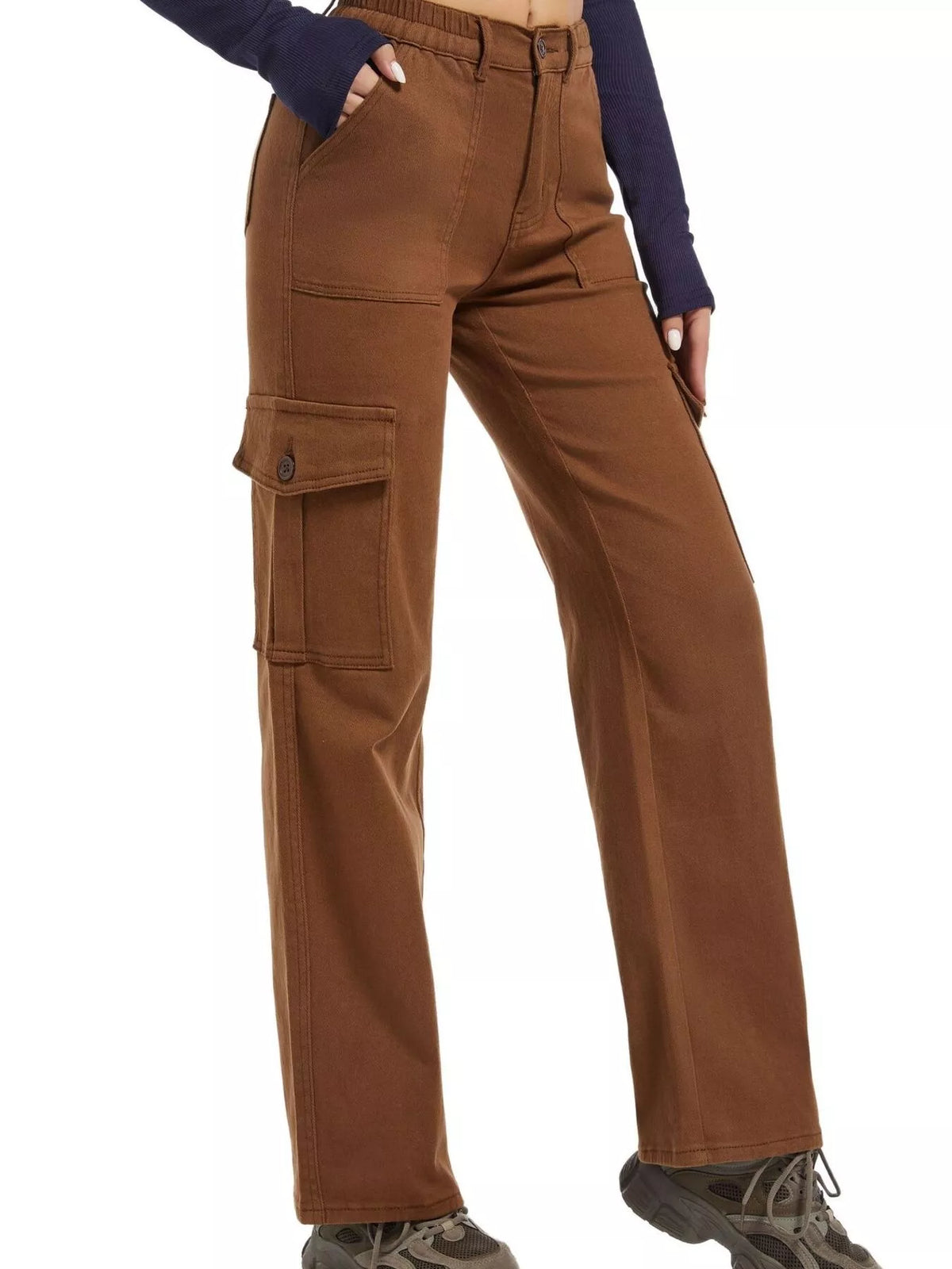 High-Waisted Cargo Jeans - Brown - View 3