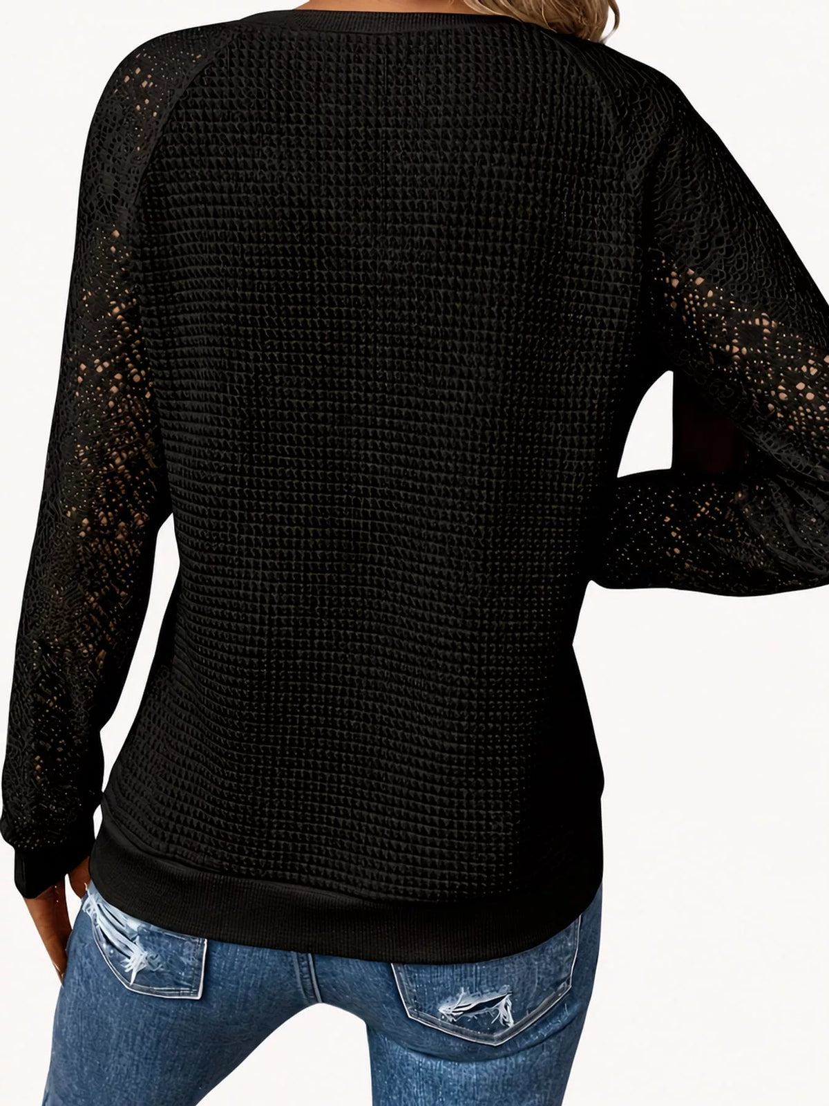 Waffle Knit Lace Sleeve T-Shirt - Black - View 6