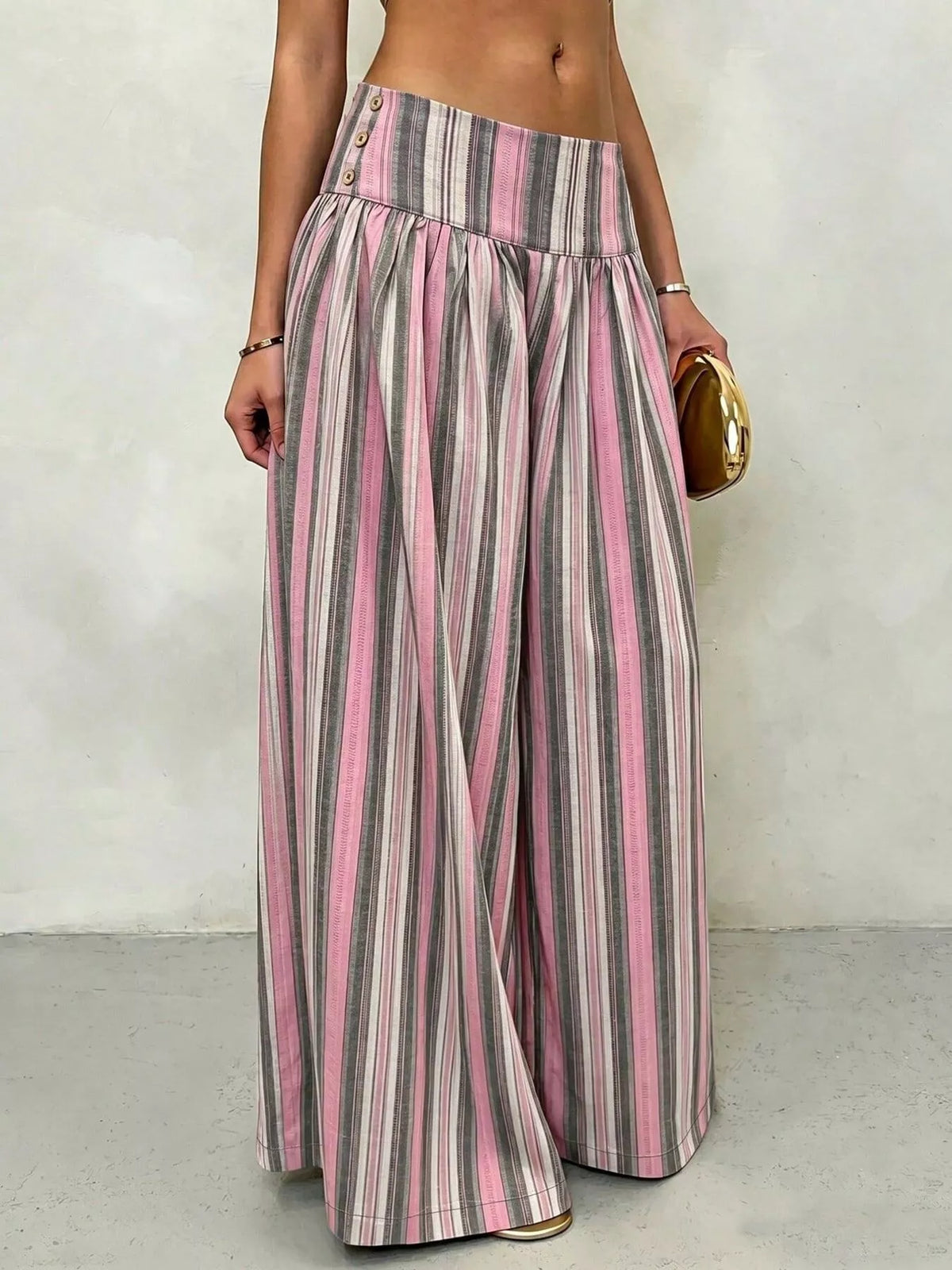 High-Waisted Striped Wide-Leg Casual Pants - Gray Pink Stripes - View 2