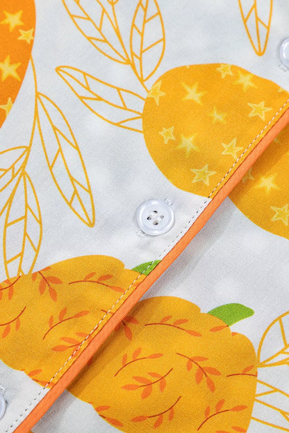 Short Sleeve Pumpkin Print Polka Dot Trim Pocket Placket Lounge Set - Sherbet - View 14