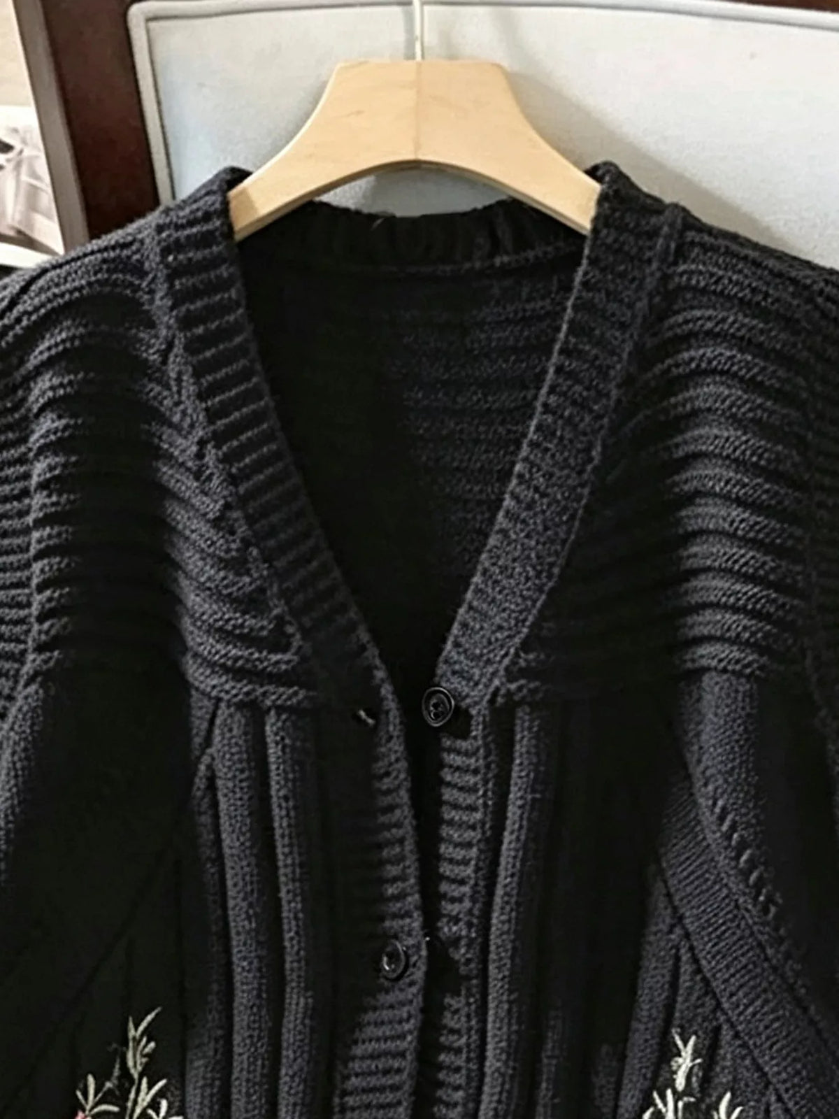 Floral Embroidered V-Neck Button-Down Sweater Vest - Black - View 4