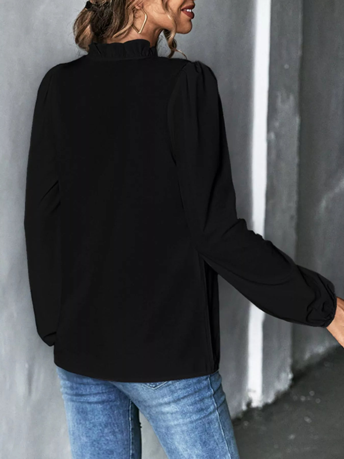 Ruffled Trim V-Neck Blouse - Black - View 2