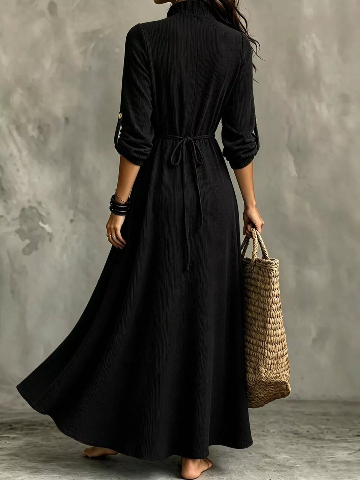 Full Size Frill Roll-Up Sleeve Maxi Dress Plus Size - Black - View 10
