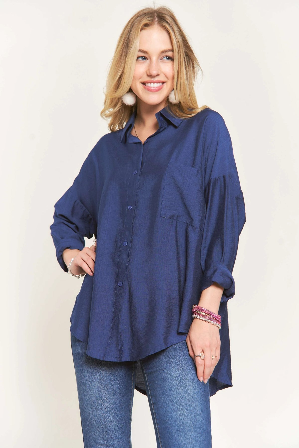ADORA Button Down Linen Shirt - NAVY - View 1