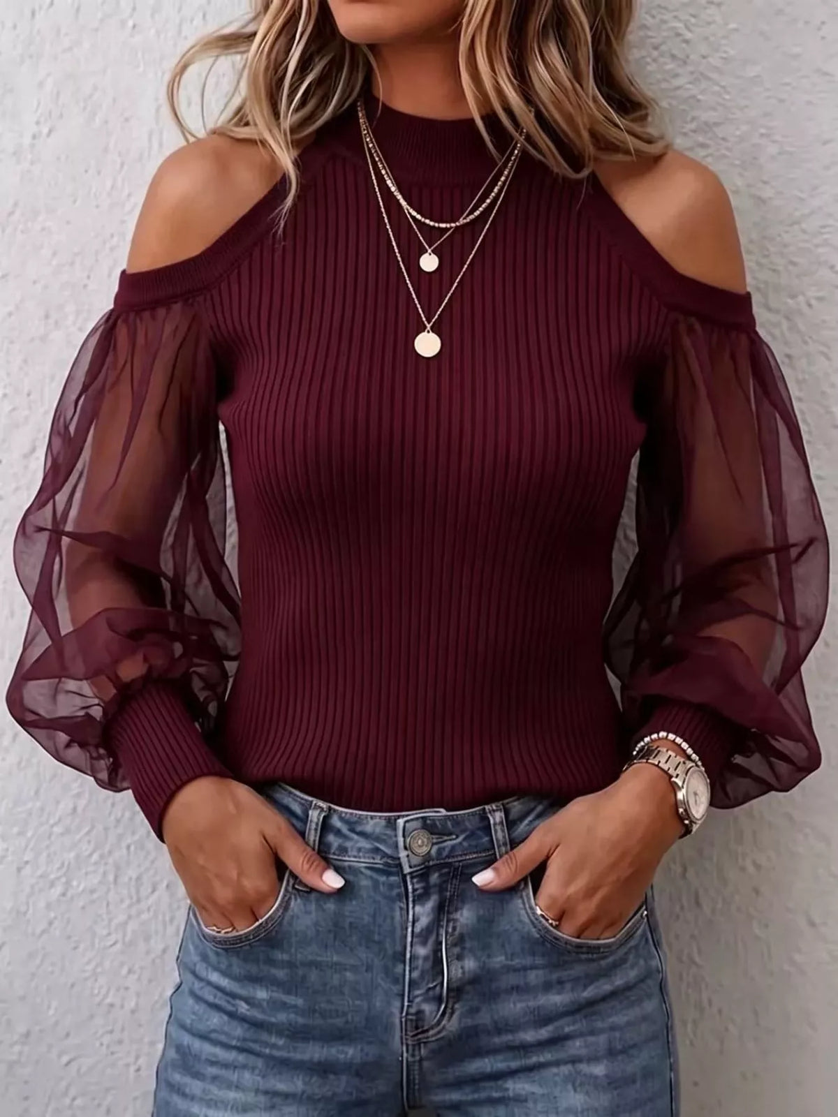 Full Size Cold Shoulder Sheer Mesh Sleeves Top Plus Size - Burgundy - View 1