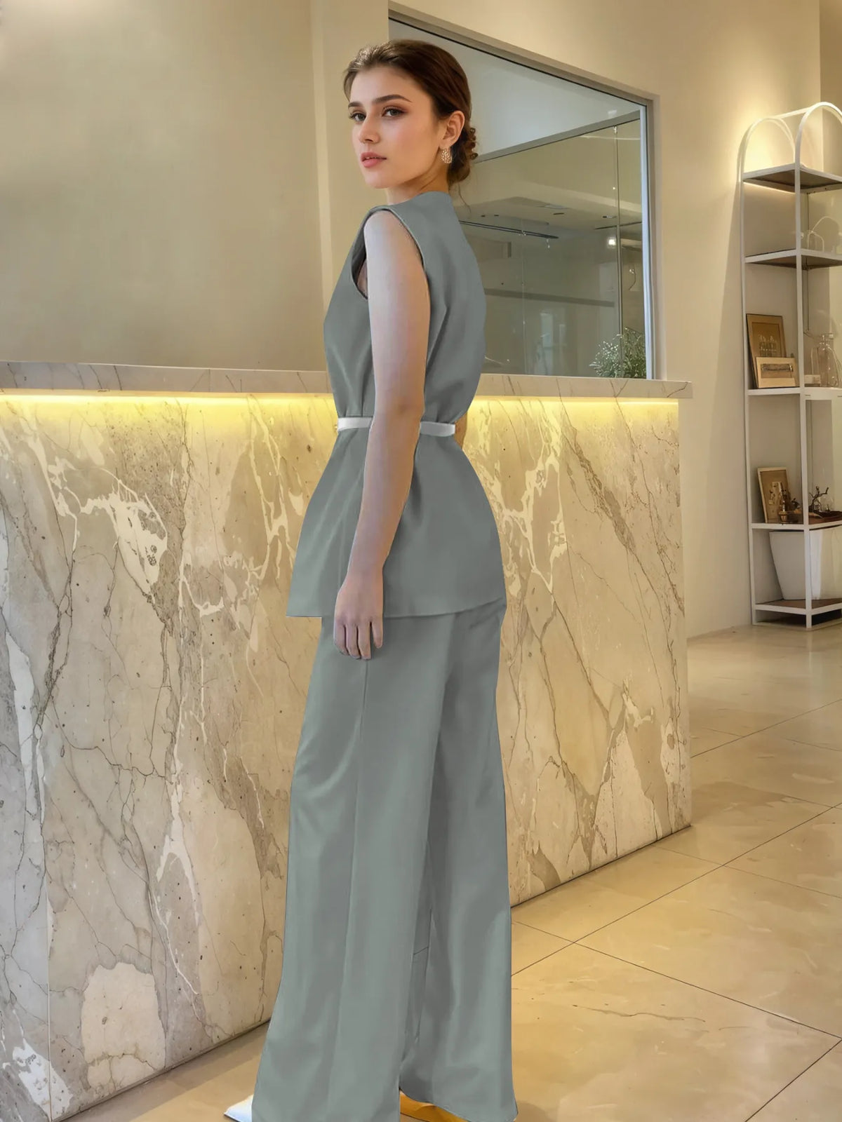 Sleeveless Top and Pants Set - Sage - View 2