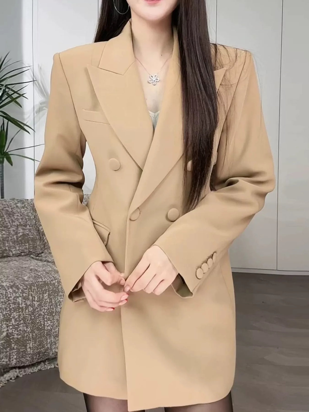 Full Size Double-Breasted Slim-Fit Blazer Plus Size - Mustard Yellow - View 19