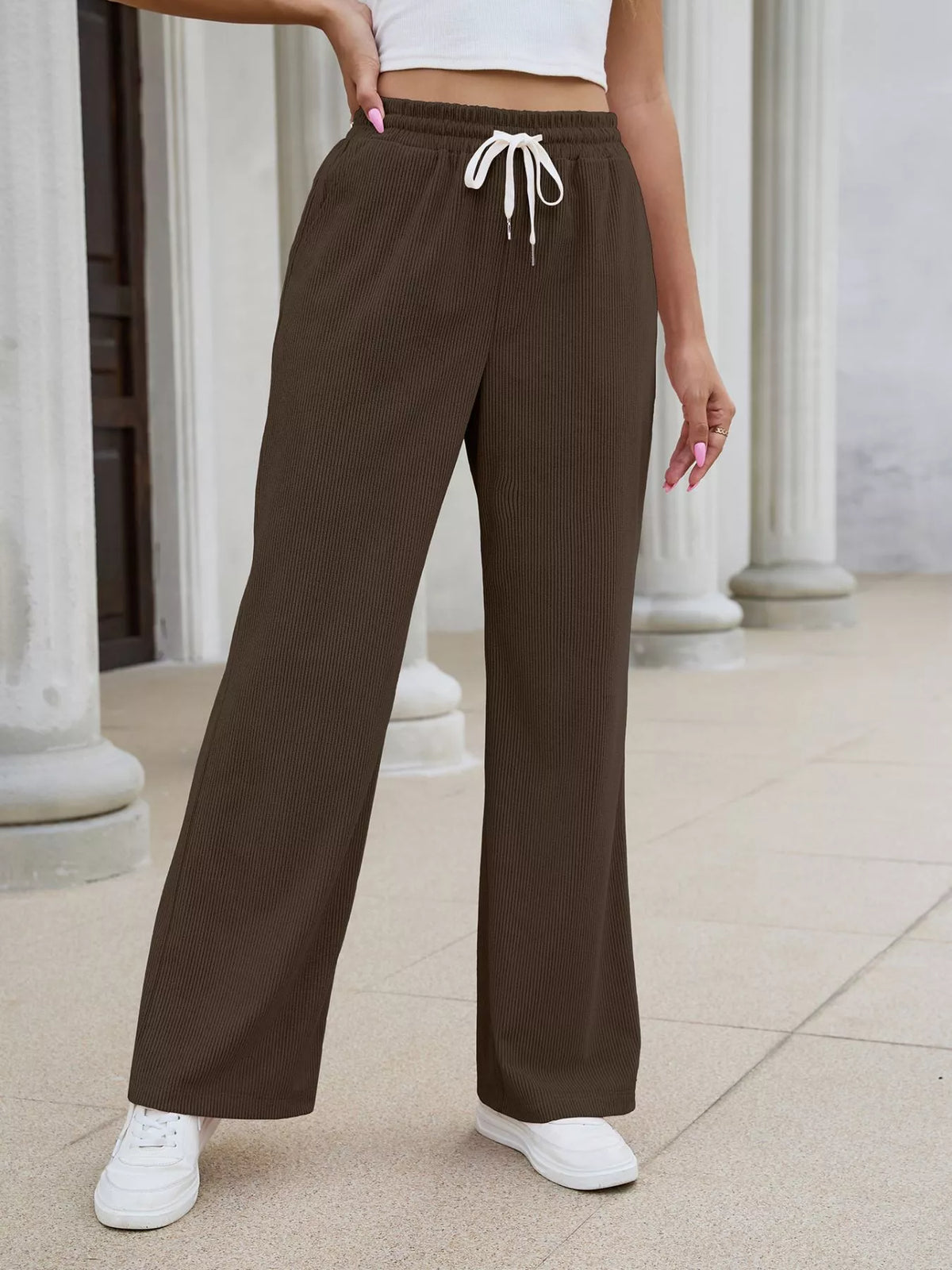 High-Waisted Drawstring Wide-Leg Casual Pants - Brown - View 5