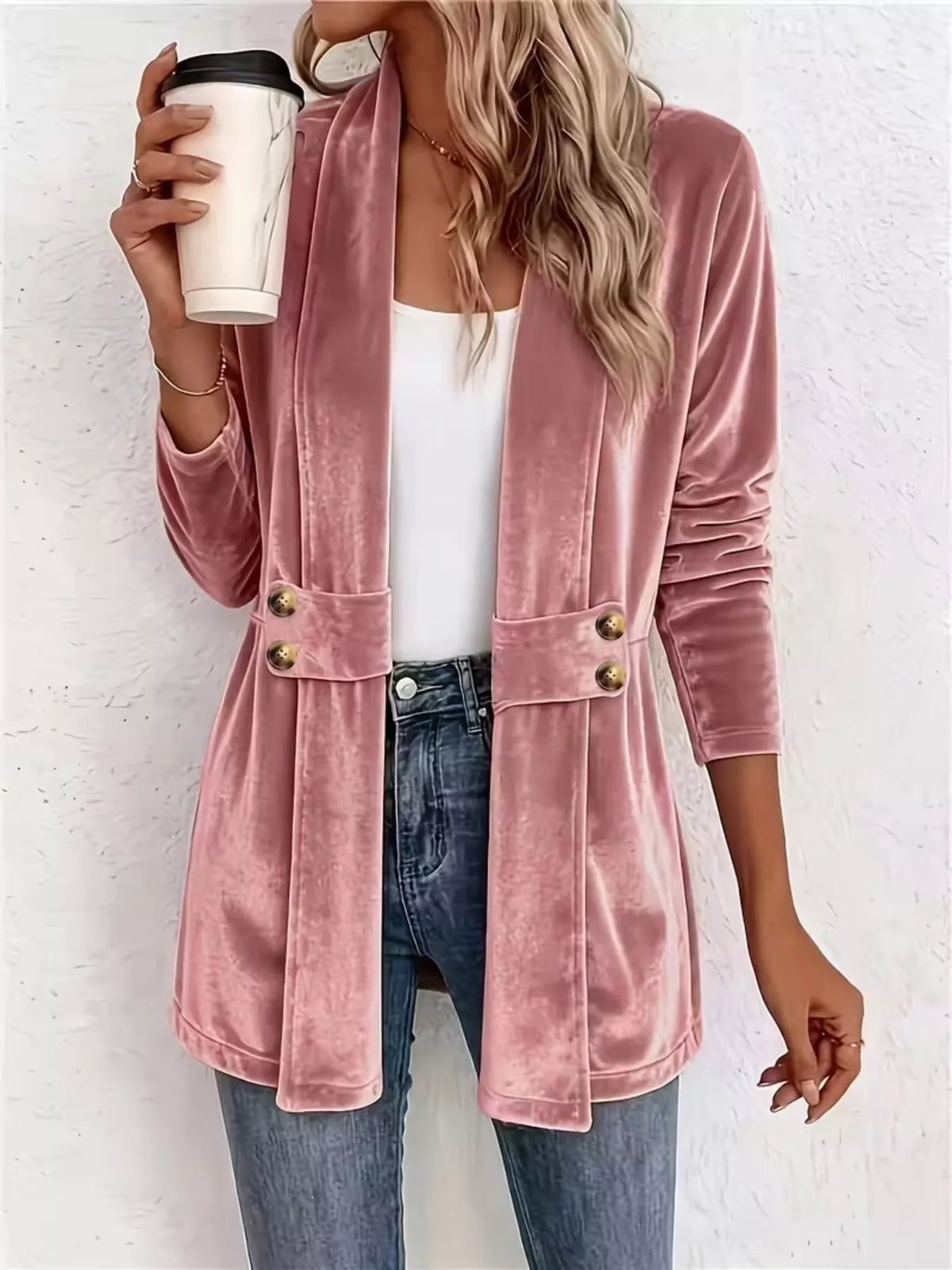Full Size Velvet Open-Front Cardigan Plus Size - Pink - View 7