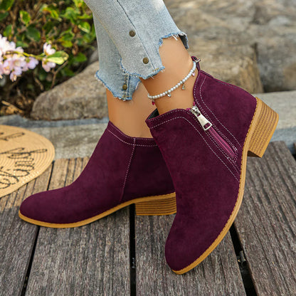 Point Toe Block Heels Boots - Burgundy - View 1