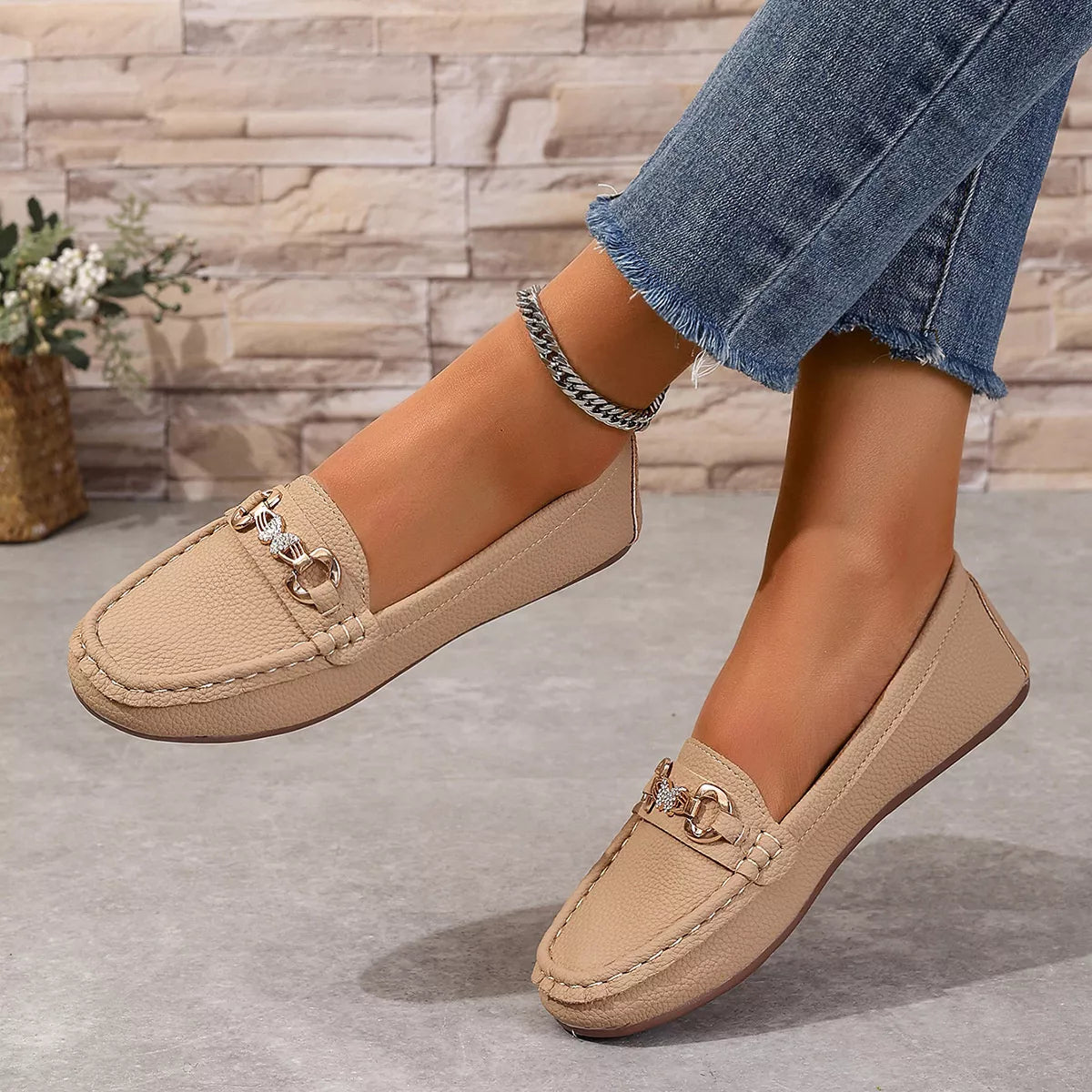 Round Toe Slip-Ons - Khaki Color - View 1