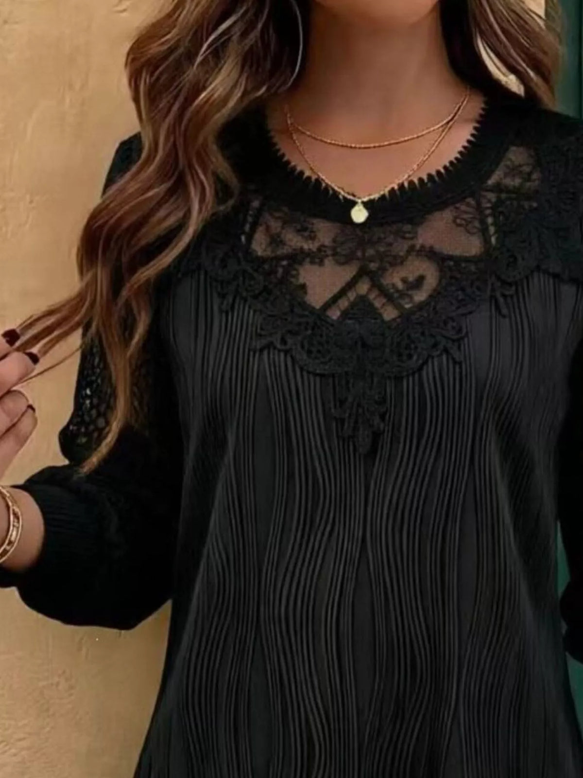 Lace Patchwork Long Sleeve Blouse - Black - View 3