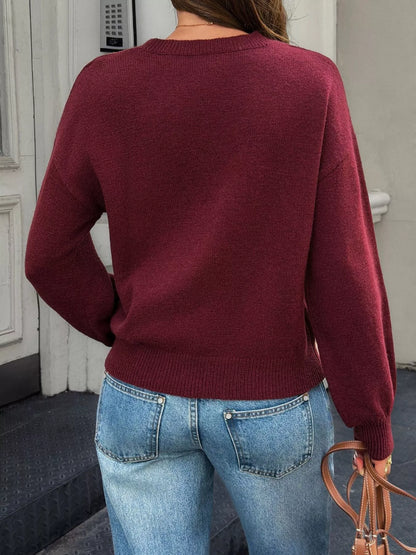 Crew Neck Dropped Shoulder Sweater - Burgundy - View 5