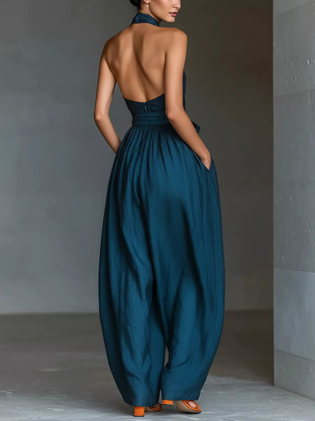 Halter Neck Wide-Leg Jumpsuit with Waist-Tie Detail - Blue - View 4