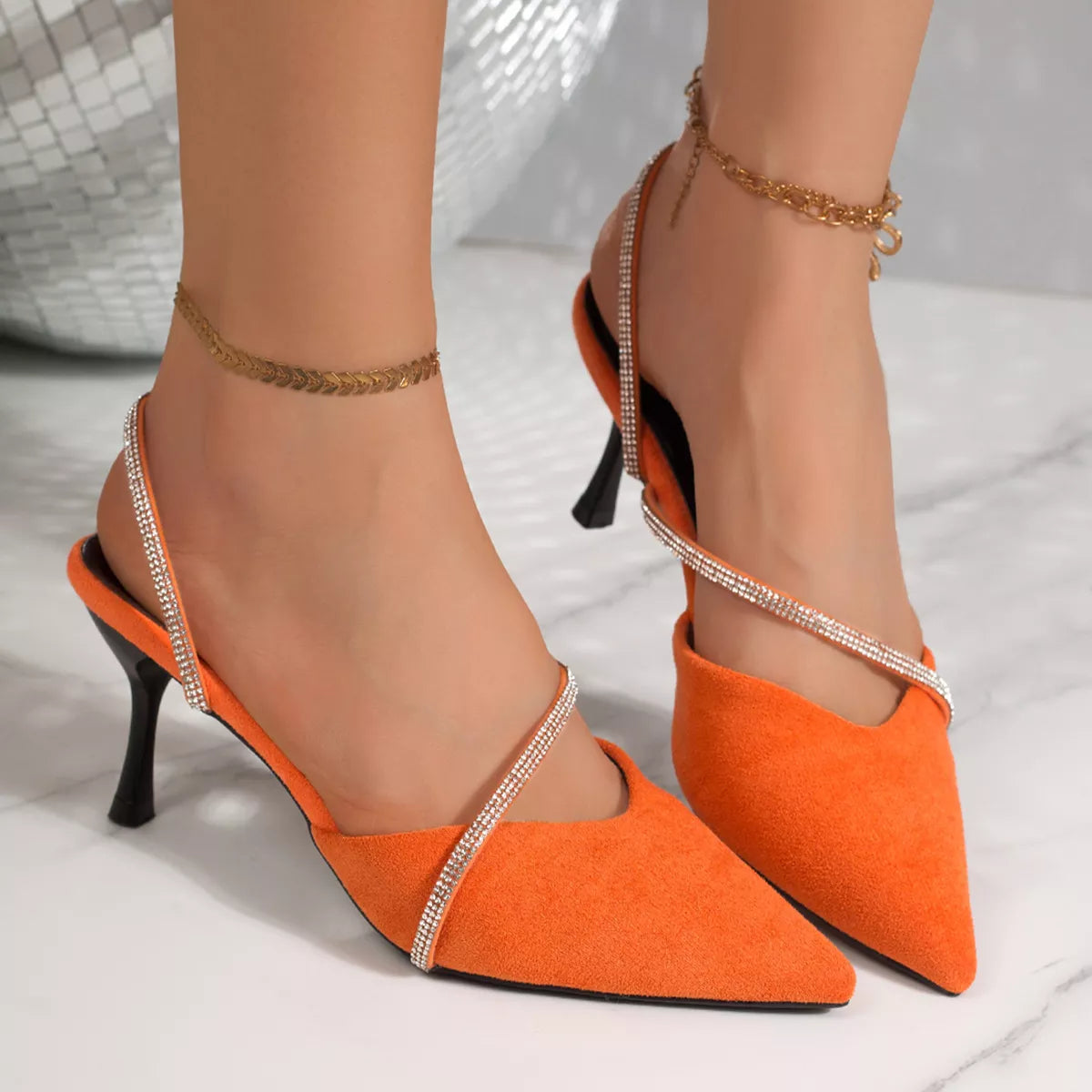 Point Toe Kitten Heels Sandals - Orange - View 2