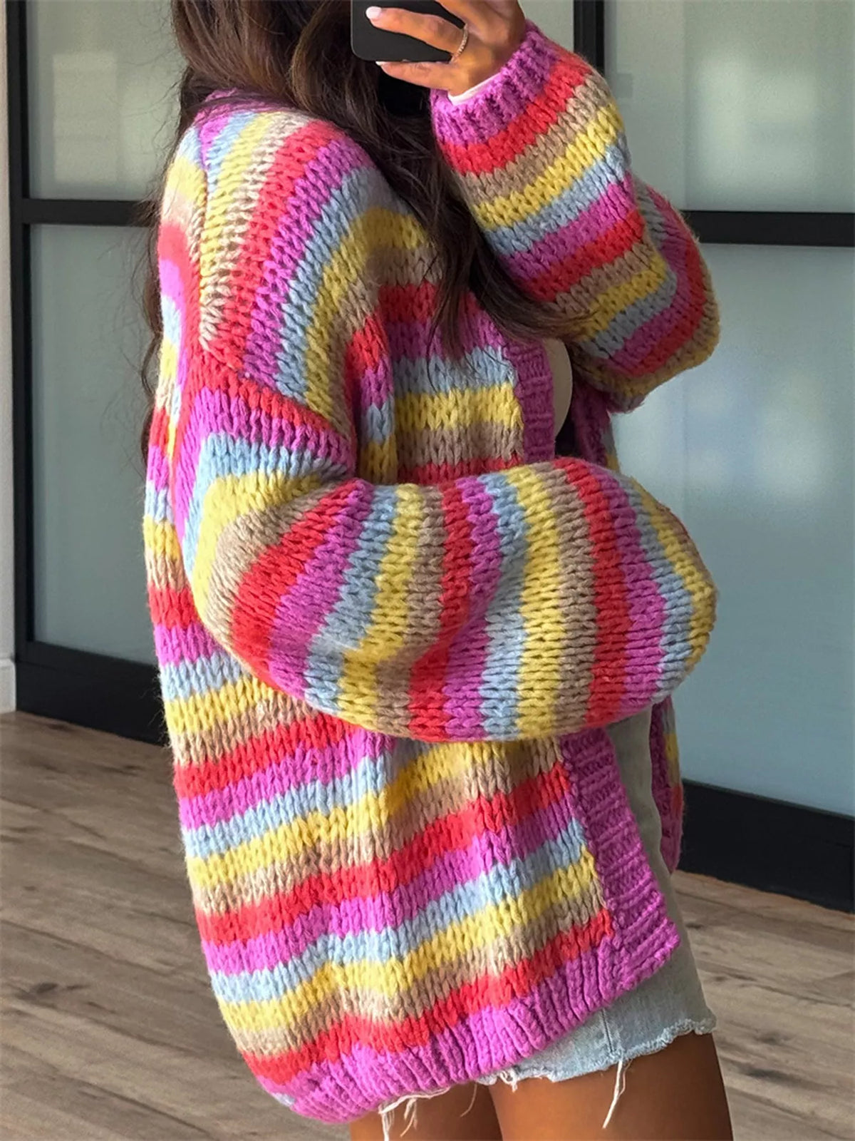 Multi-Color Striped Chunky Knit Open-Front Cardigan - Fuchsia Pink - View 4