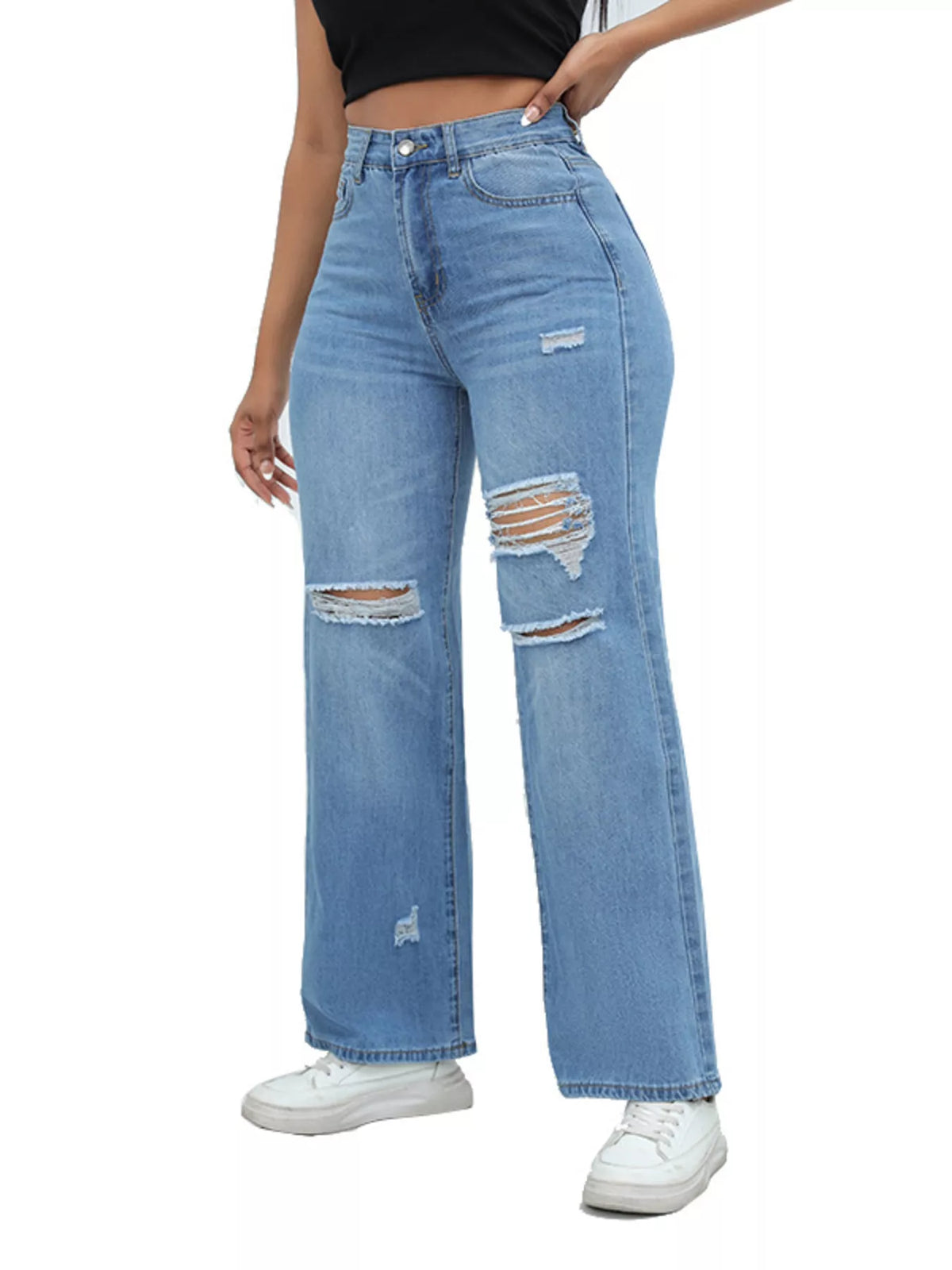 Distressed Wide-Leg Jeans - Light Blue - View 4