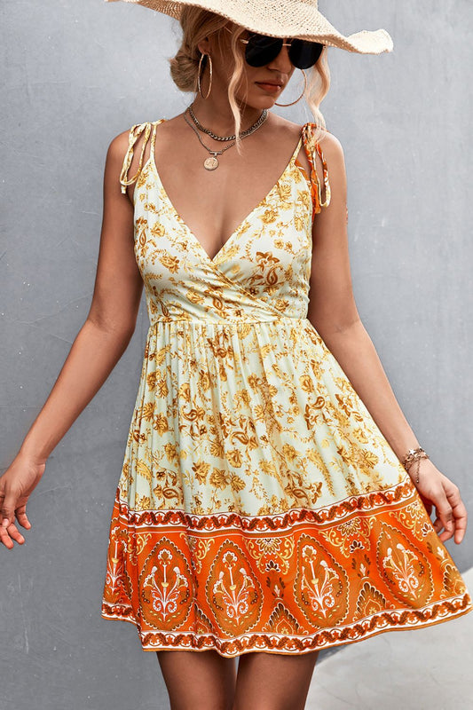 Bohemian Tie Shoulder Surplice Backless Dress - Light Yellow - View 1
