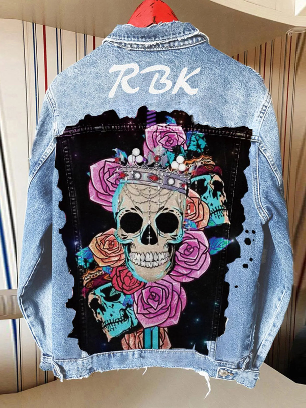 Full Size Skull and Rose Graphic Denim Jacket Plus Size - Light Blue - View 1