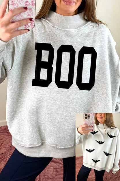 Halloween BOO & Bat Printed Reversible Mock Neck Sweatshirt - Light Gray - View 3
