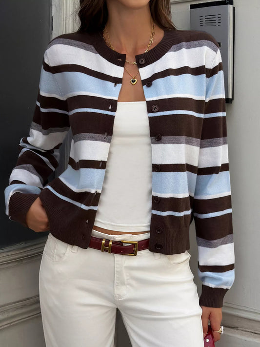 Striped Knit Button-Down Cardigan - Coffee - View 2