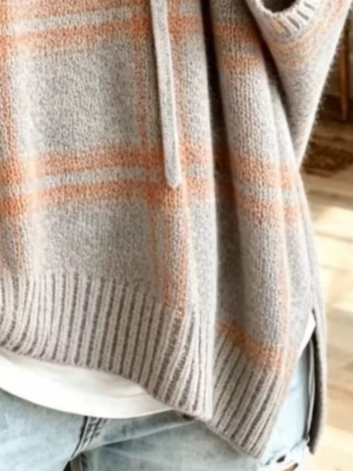 Full Size Drawstring Plaid Hooded Sweater Plus Size - Gray - View 2