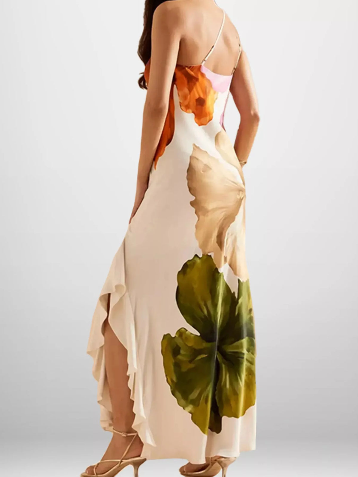 Full Size One-Shoulder Floral Print Satin Maxi Dress Plus Size - Tan - View 4